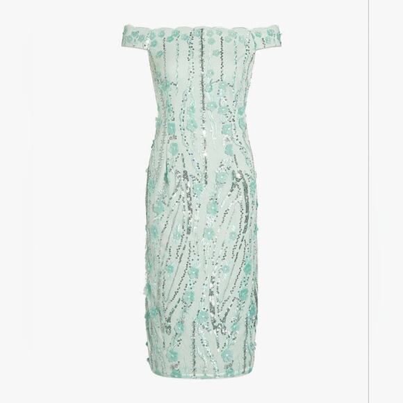 Adrianna‎ Papell Embroidered Off Shoulder Tailored Dress, Sea Glass size 16P new - Picture 12 of 13